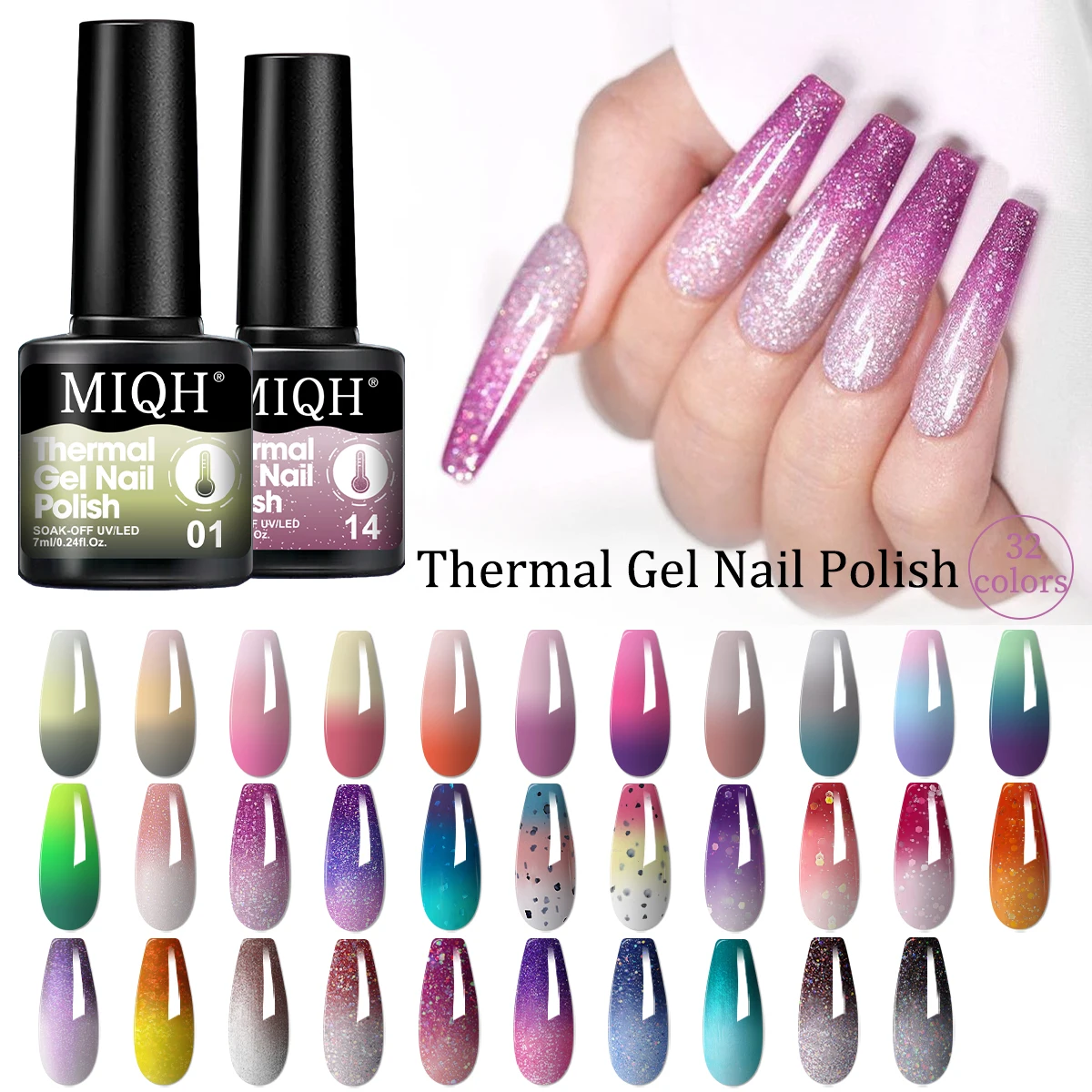 MIQH 6-pack, 7ml each, temperature-sensitive gel nail polish set. This gel nail polish changes color with temperature, perfect f