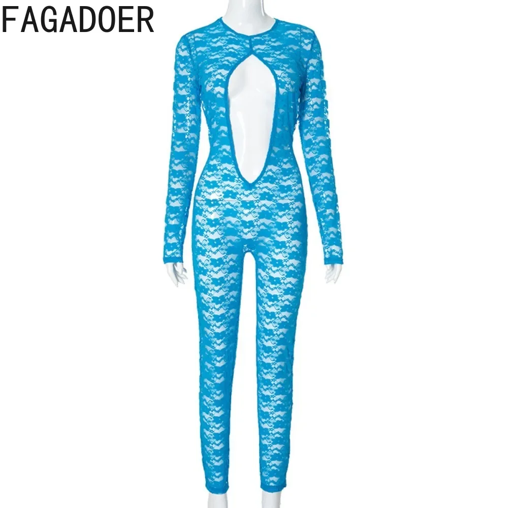 FAGADOER-Mulheres Sexy Malha Lace Bodycon Macacões, Ver Através, Manga Longa, Macacão Oco, Festa Feminina, Clubwear, Macacão, 1 Peça