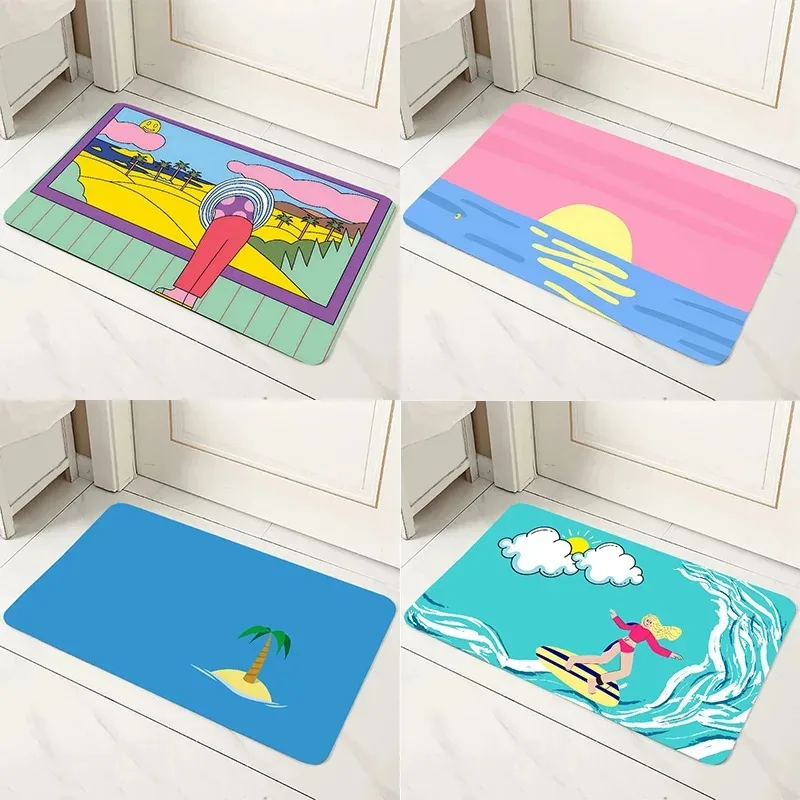 Summer Beach Door Mat with Surfing Girl and Tropical Scenery Colorful Cartoon Design Rug Protector for Home Bathroom and Bedroom