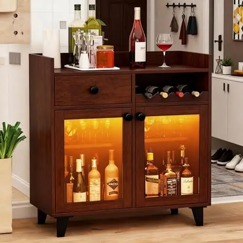 Small Wine Cabinet with Glass Doors, Liquor Bar Cabinet with Light for Alcohol, Buffet Coffee Sideboard with Adjustable