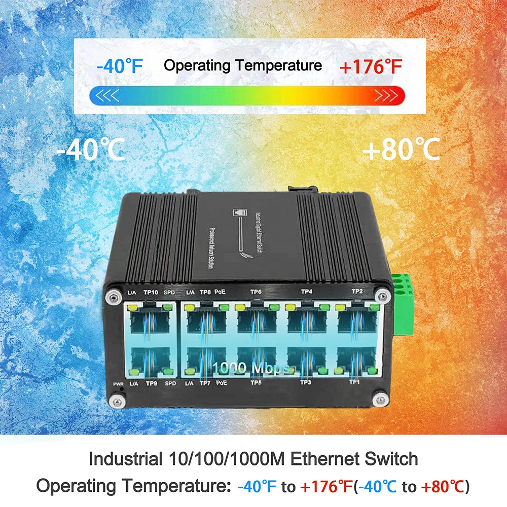 MIni 10 Port Gigabit Industrial Ethernet PoE Switch 8-Port 10/100/1000T 802.3at PoE Up to 240W PoE Budget DIN-Rail installation
