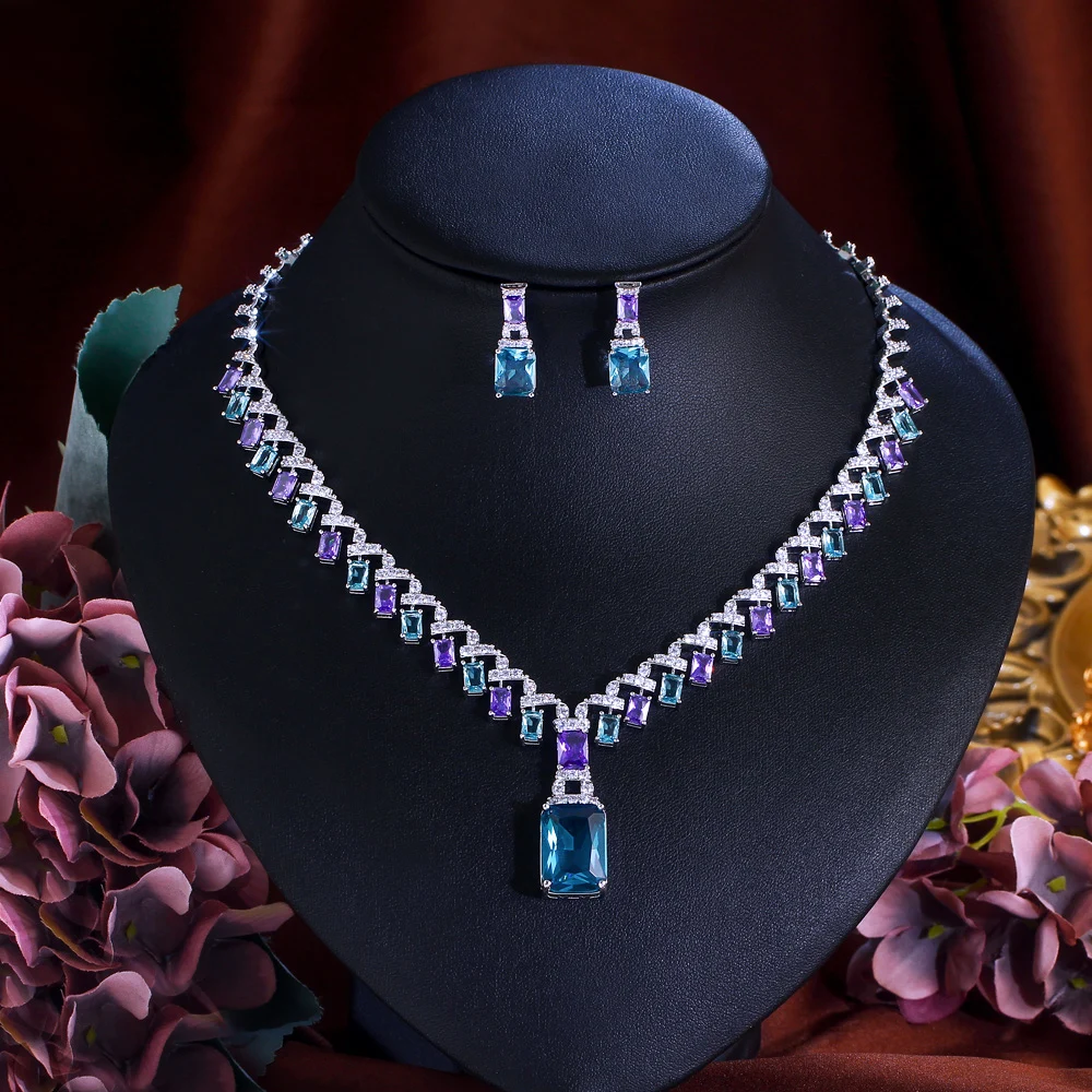 CWWZircons Beautiful Purple Blue Cubic Zircon Crystal Dangle Drop Bridal Wedding Necklace Party Jewelry Sets for Women T605
