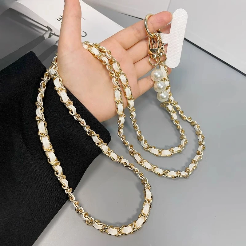 Long Cross-body Pearl Metal Leather Mobile Phone Case Lanyard Travel Climbing Rope Small Fragrance Simple Fashion Unisex