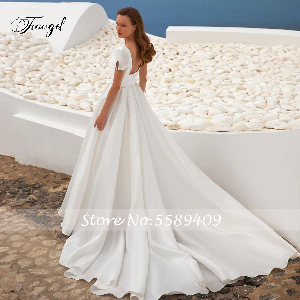 Traugel Sexy Backless Square Collar Matte Satin Wedding Dresses Simple Short Sleeve Belt Court Train A Line Bridal Gown