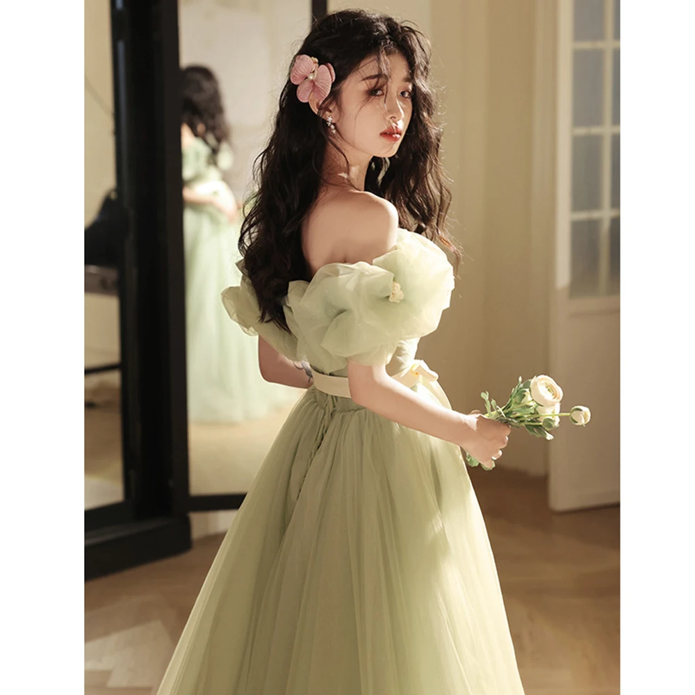 Elegant Light Green Evening Dress Women\'s Light Luxury Pleated Off Shoulder Collar Prom Gown Lace Up Belt A-Line Party Vestido