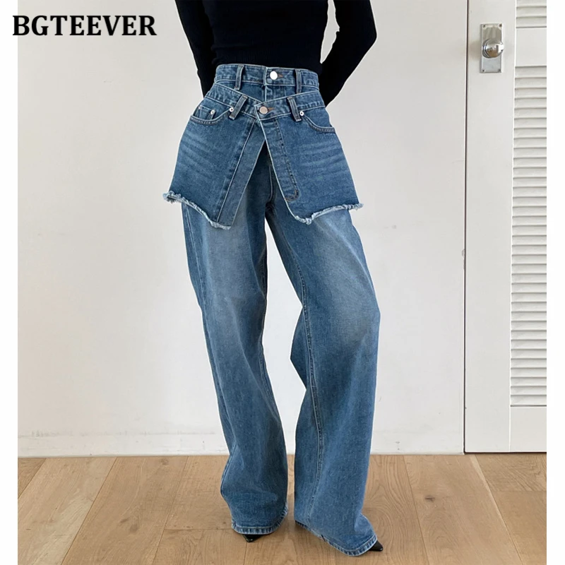 

BGTEEVER Stylish Floor-Length Female Jeans Trousers High Waist Vintage Pockets Wide Leg Denim Pants for Women