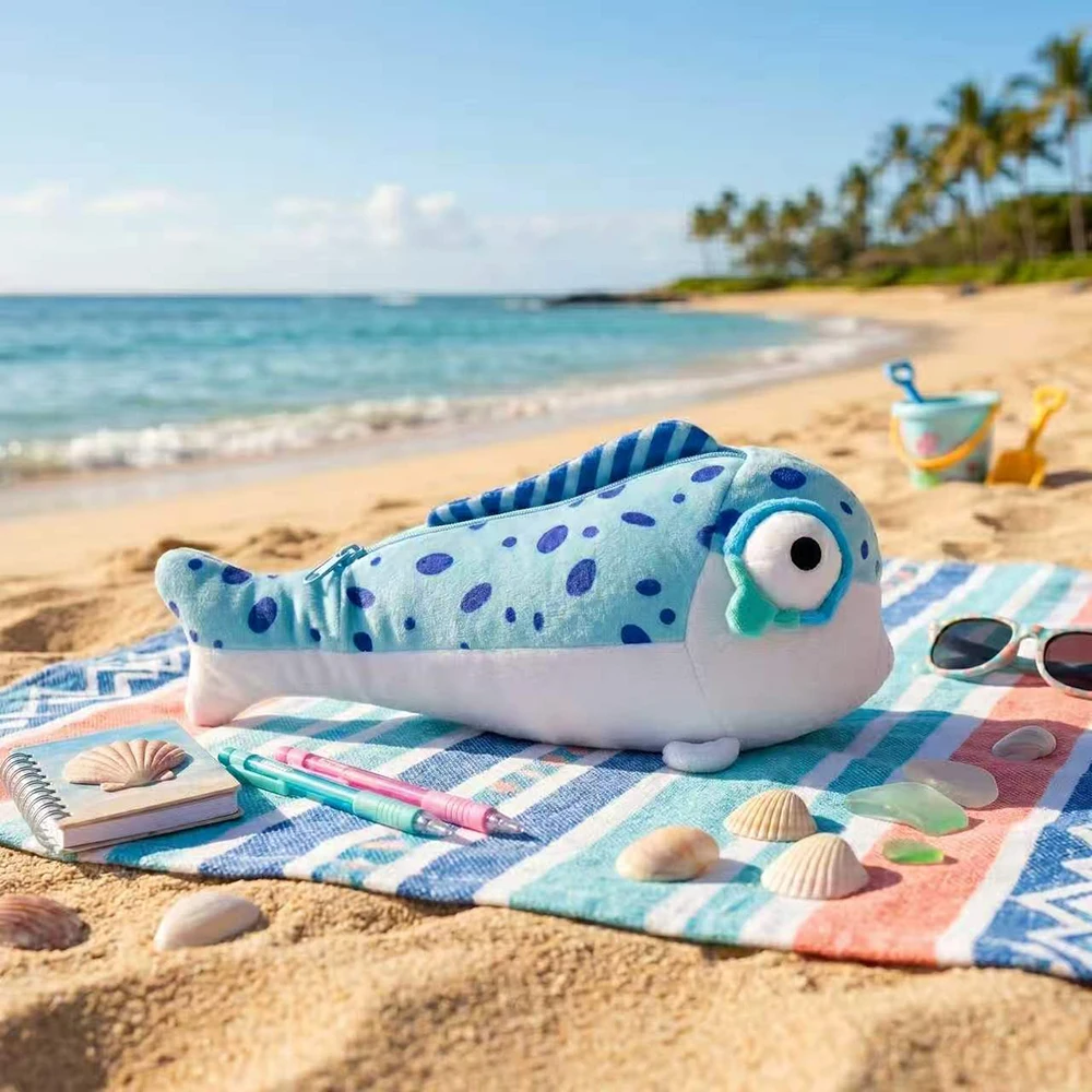Blue chubby fish pencil case, student cute cartoon shaped pencil storage bag, desk stationery storage