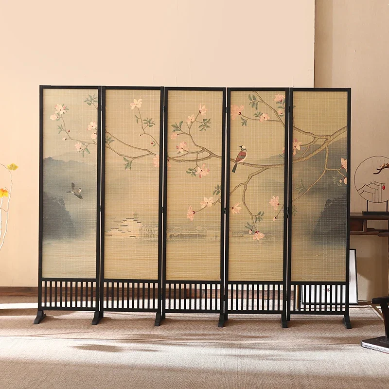 Chinese screen folding mobile living room partition solid wood home retro bamboo room divider folding screen office divider