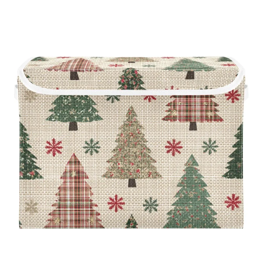 

Christmas Trees with Plaid Red Green Snowflake Foldable Storage Bins with Lids Handles Collapsible Storage Containers Tote Boxe