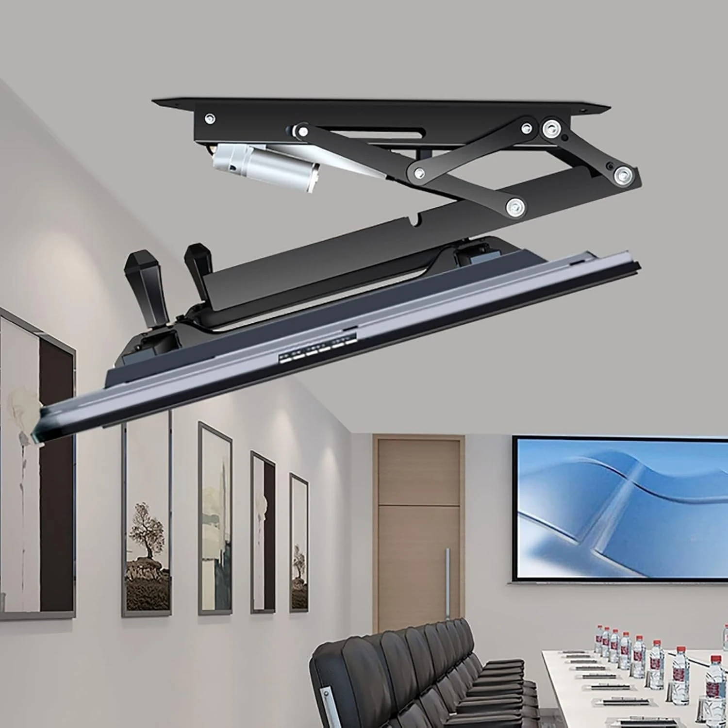 32-70 Inch Electric Telescopic Electric TV Lift Concealed Pull Down Ceiling TV Stand with Auto Lift 0-85° Flip TV Stand Cart
