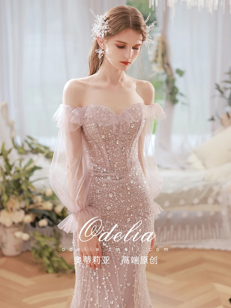 Vestido de celebridad de sirena brillante, rosa, cuello barco, purpurina, lentejuelas, manga larga, cuentas, boda, brindis, fiesta, vestido de noche