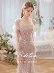 Brilhante sereia vestido de celebridade rosa barco pescoço glitter lantejoulas manga longa miçangas nupcial casamento brinde festa formal vestido de noite