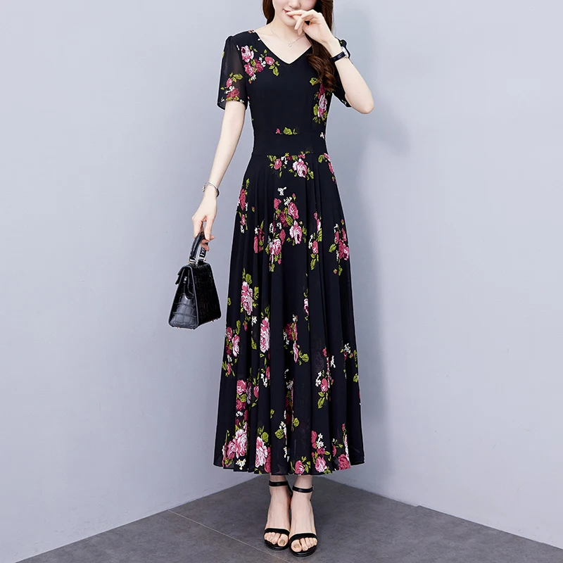 2025 Vintageสีดําพิมพ์VคอNight MidiชุดBodycon PartyหรูหราพรหมชุดยาวElegantผู้หญิงสบายๆชุดชีฟองดอกไม้