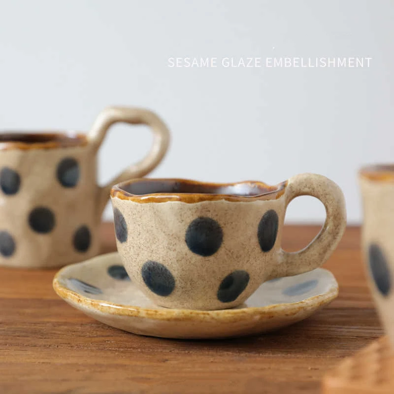 200/250/260ml Rough Pottery Retro Coffee Cup Dish Kiln Transformation Hand Pinching Dot Mug Creative Water Cup Set Japan Style