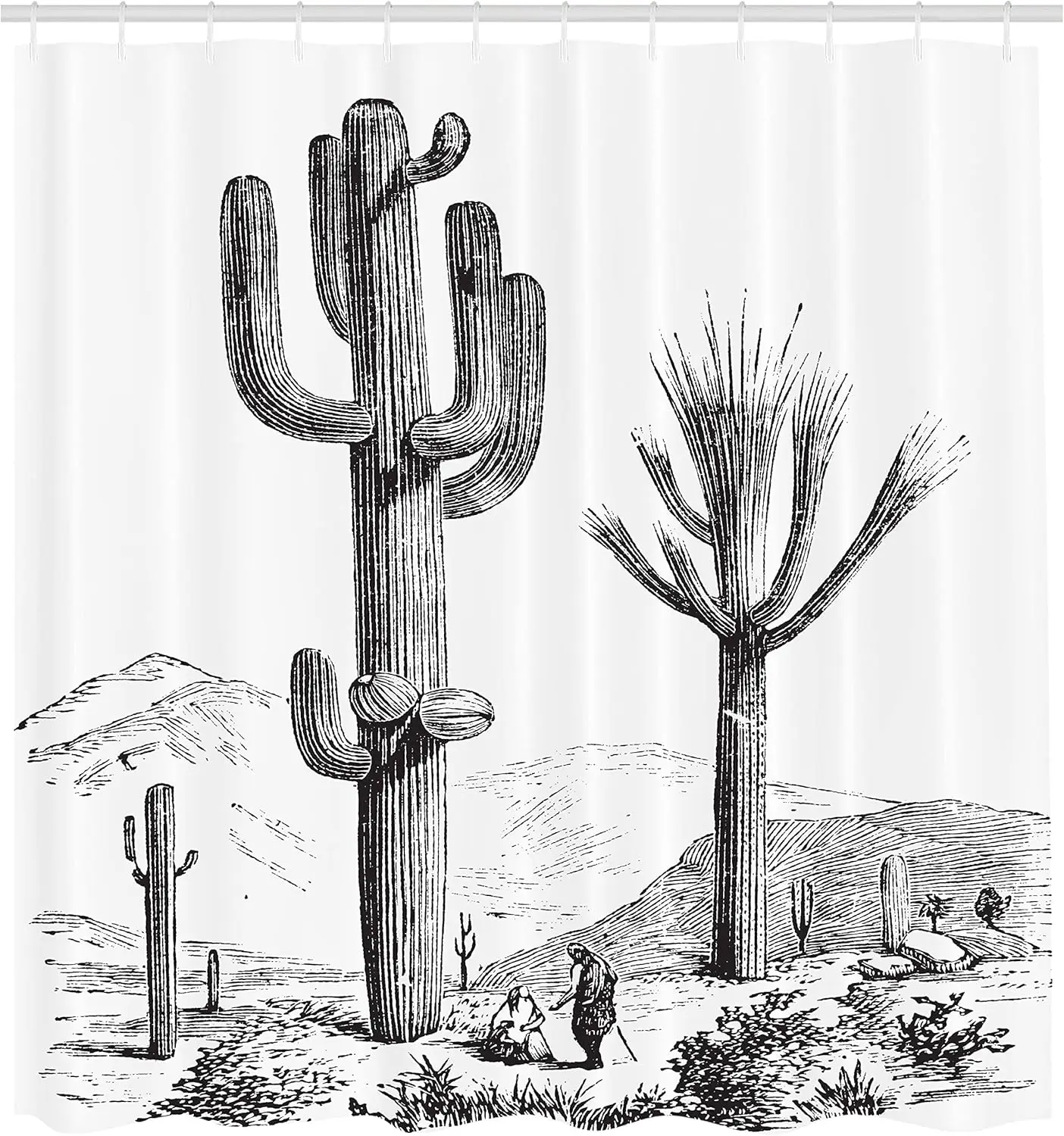 

Cactus Shower Curtain, Sketchy Hand Drawn Print of Desert Plants with Mexican Travellers Image, Cloth Fabric Bathroom