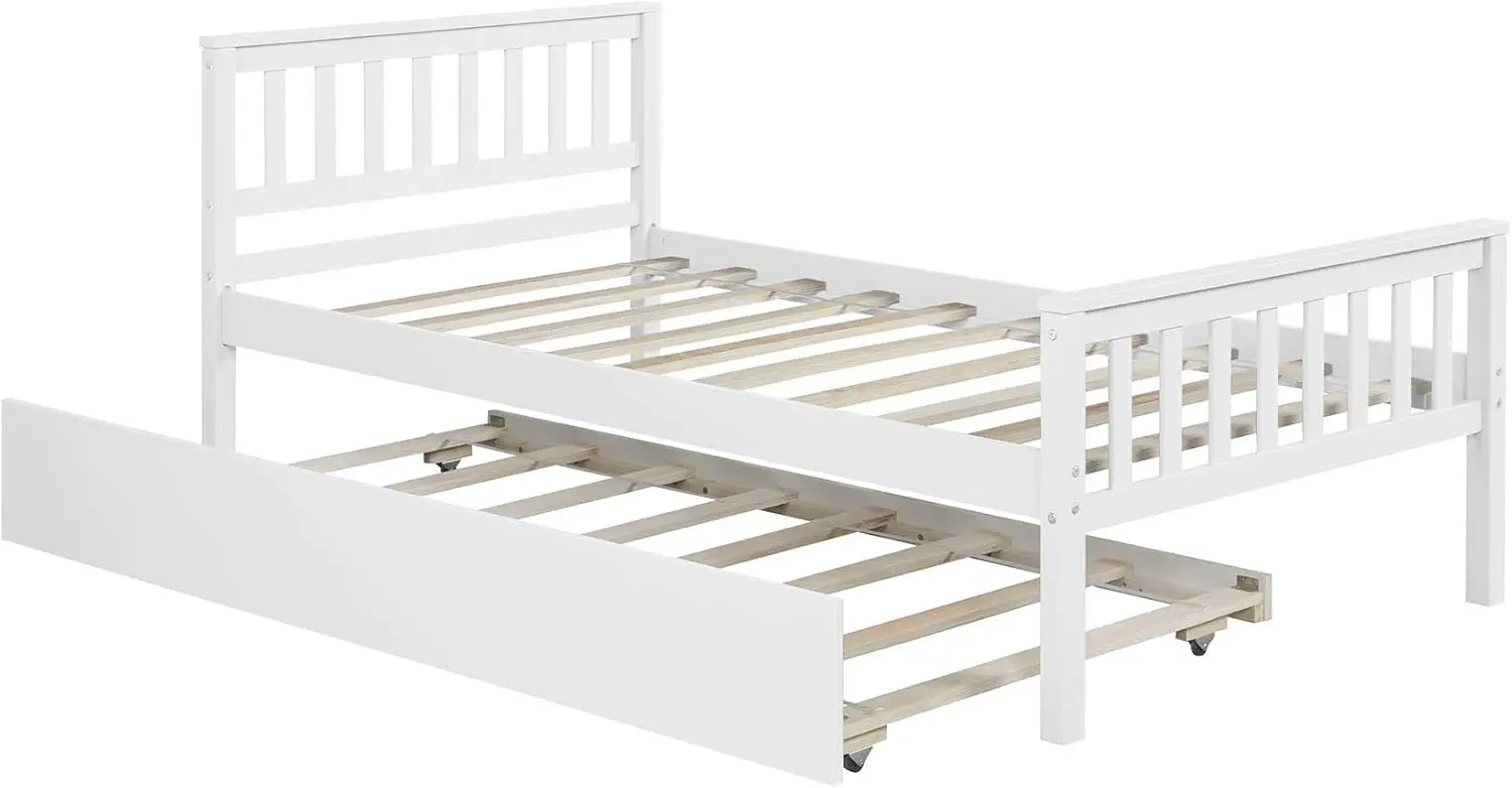 Twin Bed With Pullout Trundle Bed For Kids, Solid Wood Platform Bed Frame With Headboard, Footboard For Teens Boys Girls,No Box