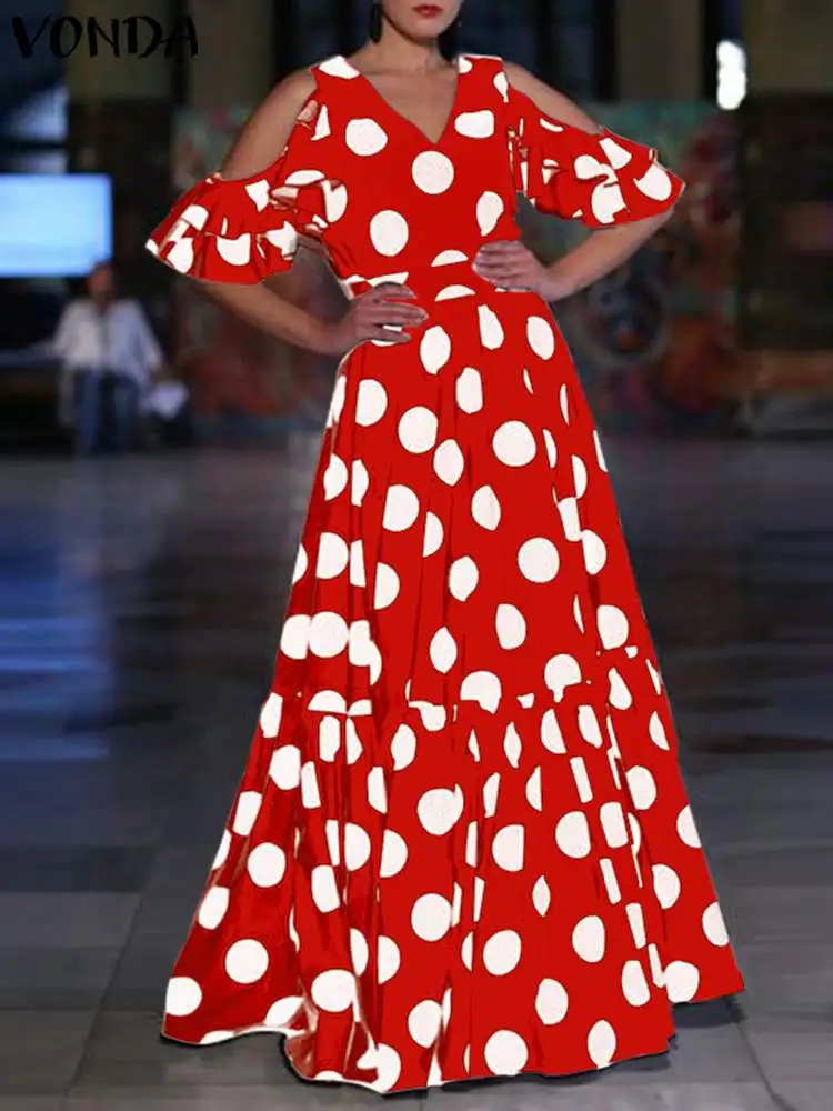VONDA Plus Size Summer Polka Dot Long Dress Women Ruffled Sundress 2024 Bohemian Casual V-neck Hollow Short Sleeve Maxi Robe 5XL