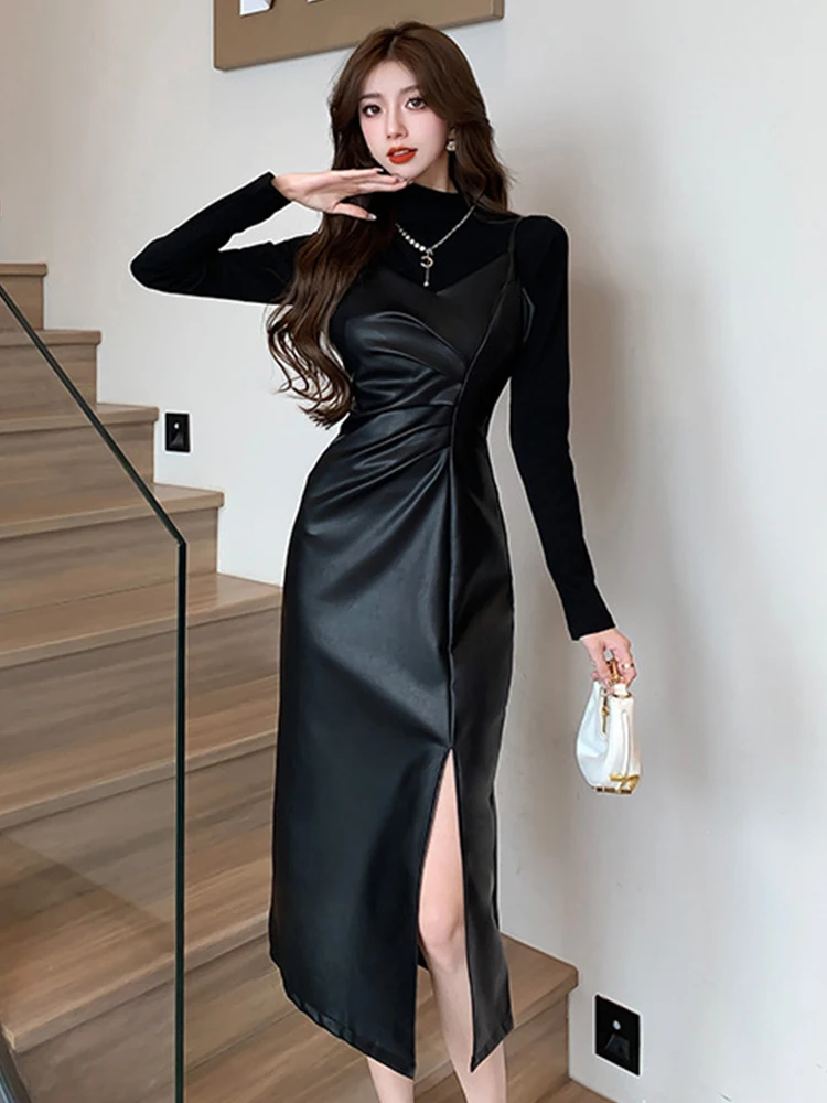 Fashion Vintage Black 2 Pieces Outfits Women Clothing Elegant Stretchy T-Shirt Tops Sexy PU Strap Folds Slit Dress Set Street