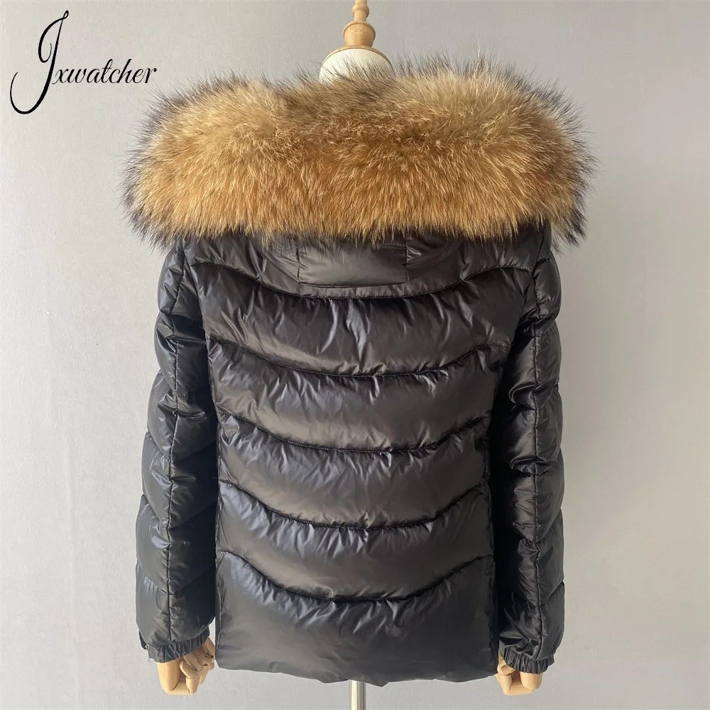 Jxwatcher Damen Daunen jacke Winter verdicken warm weißen Enten Daunen mantel mit echtem Waschbär Pelz kragen Damenmode Kapuzen jacke