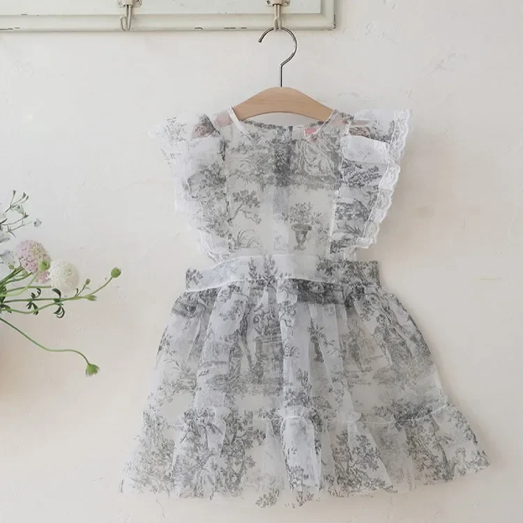 Overskirt Spring Korea Girls Children Princess Mesh Yarn Bow Knot Girls Casual Dresses 2024 Round Collar Lace Simple Sweet