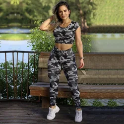 Gymdolphins 2024 Summer New Women's Sports Suit Round Neck T-shirt and High Waist Legging Camouflage Tight Fitness Set Yoga Wear