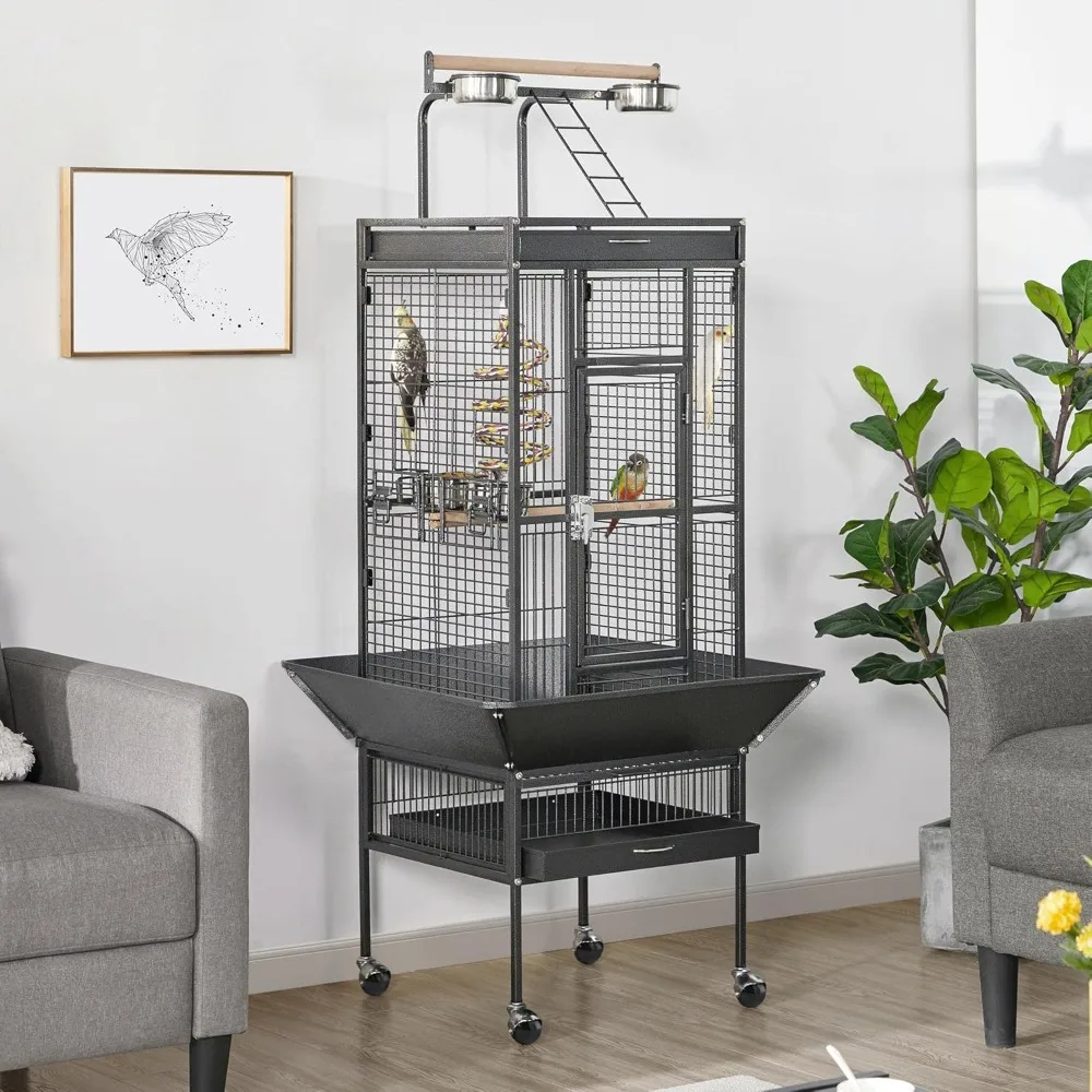 

61-inch Playtop Wrought Iron Large Parrot Bird Cages with Rolling Stand for Cockatiels Amazon Parrot Quaker Conure Parakeet