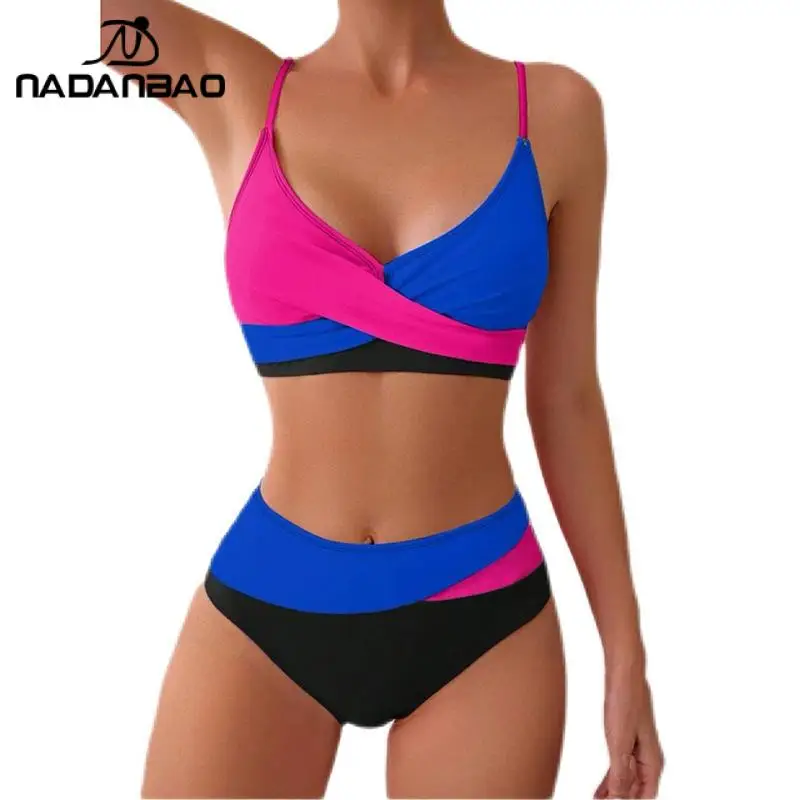 

Nadanbao Women Contrast Color Split Swimsuit Halter Cross Biquinis Hot Sales Summer Beach Wear Bikini Femme Sexy Swimwear