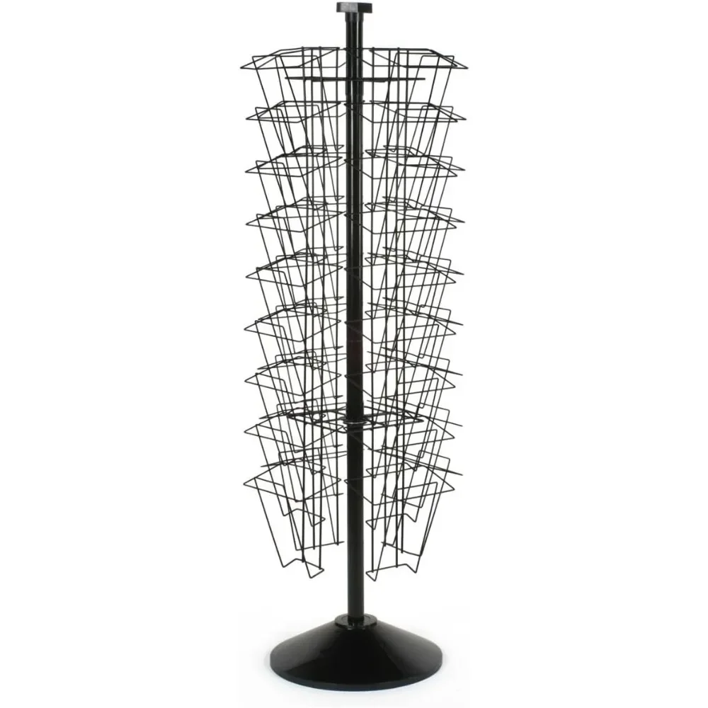 

59 Inch Black Wire Tiered Rotating Magazine Stand with 36 Compartments, Floor Standing, Includes Sign Holder - Perfect