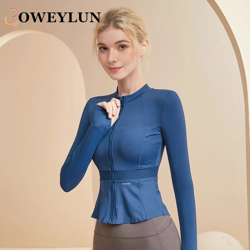 

BOWEYLUN Full Zipper Stand Collar Yoga Jacket Women Slim Running Fitness Casual Sports Long Sleeve Tops Spring and Autumn Female