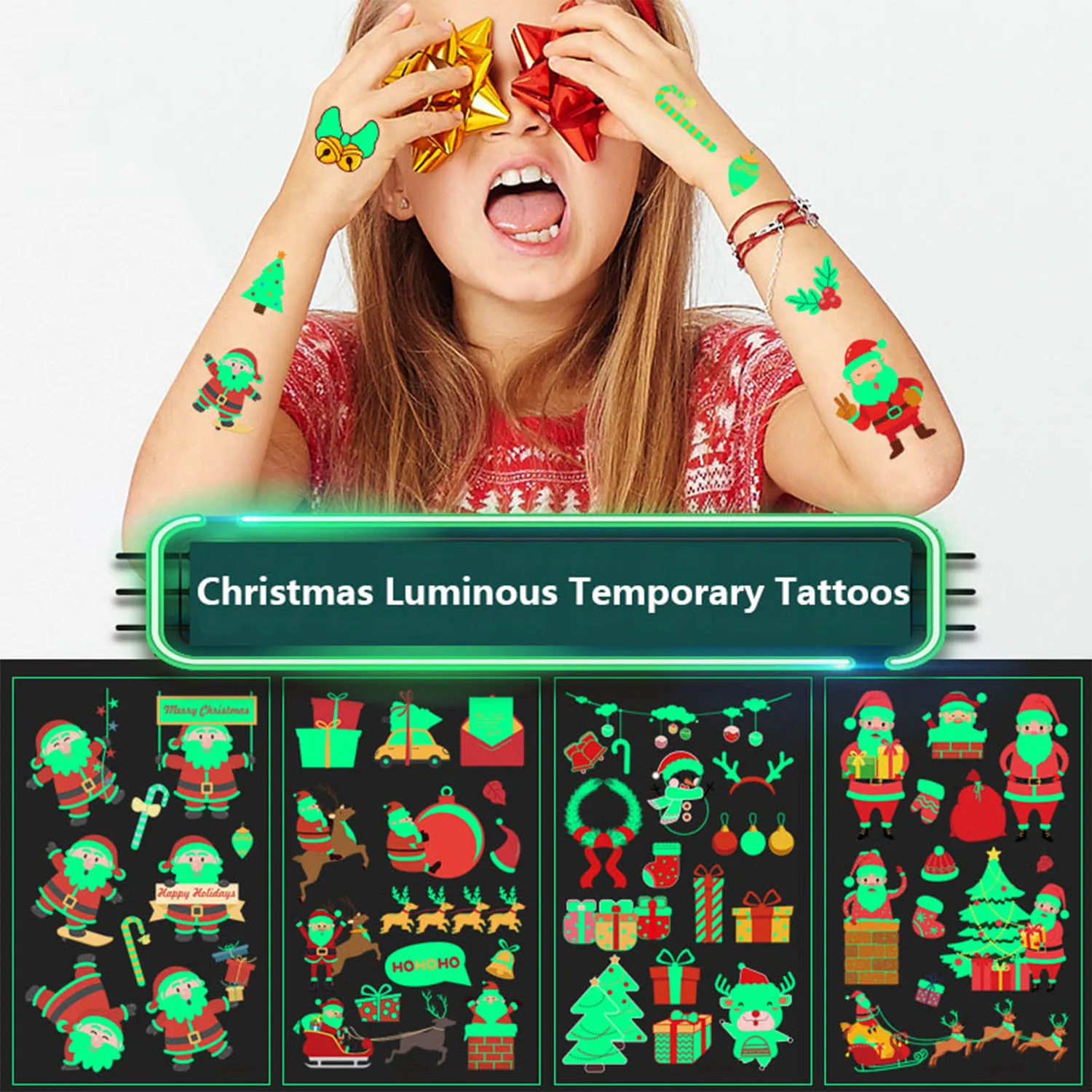 

5 Sheets Christmas luminous Temporary Tattoos for Kids，Glow in The Dark Tattoos Santa Claus, Christmas tree, reindeer, socks