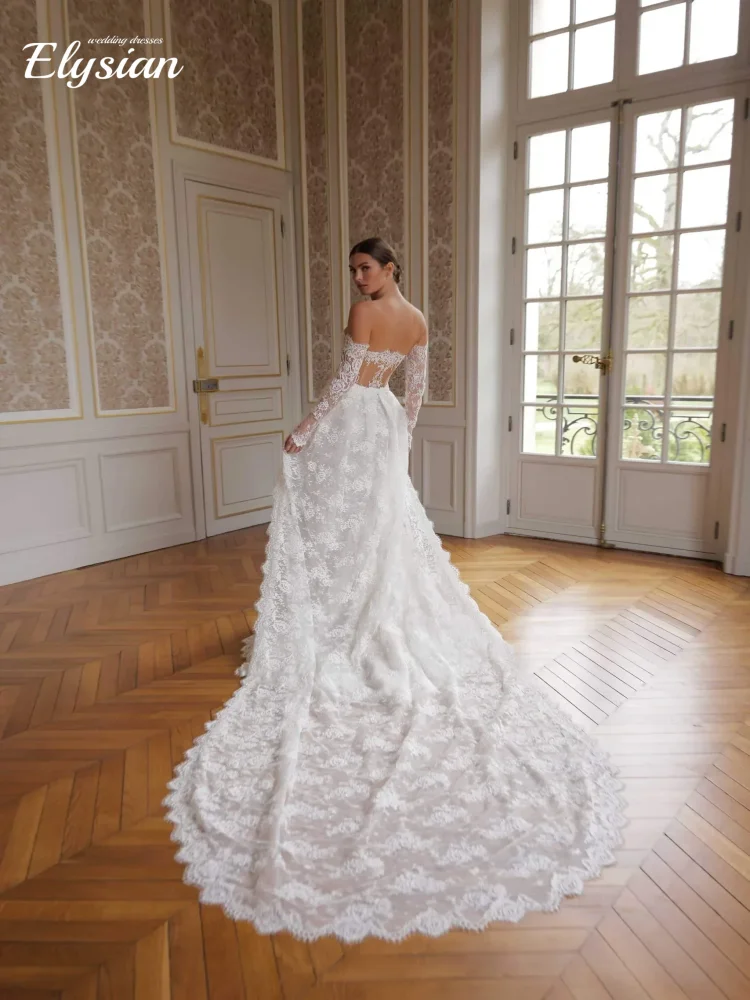 تخصيص مثير الدانتيل حورية البحر الزفاف التنفس قبالة الكتف طويلة الأكمام زي العرائس فستان فيستدو دي نوفيا