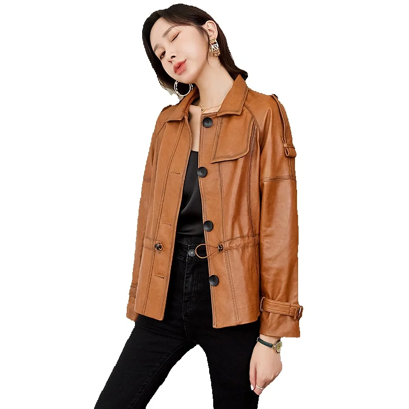 

Genuine Leather Jacket, Women's Short Spring Sheepskin Motorcycle Jacket, Waist Up Korean Version Jacket