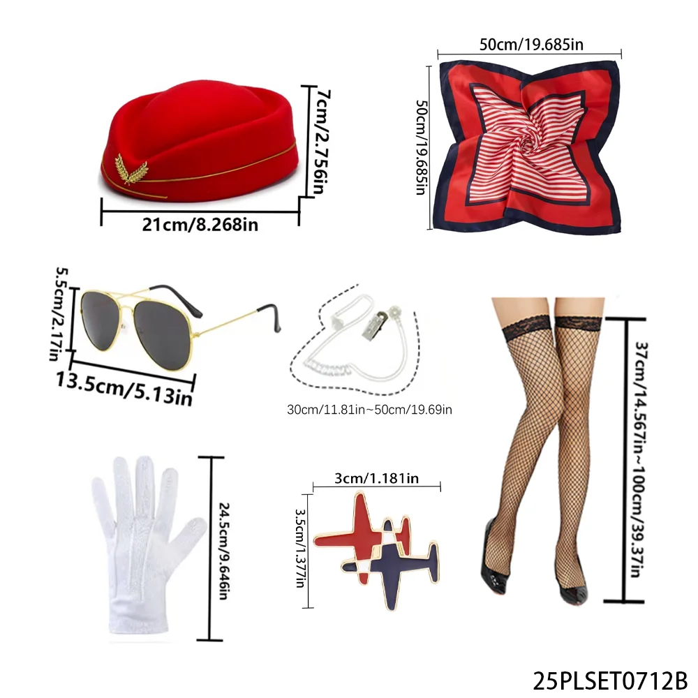 PESENAR Bluesy stewardess kostuumset badge blauwe hoed, vliegtuig oorbellen, sjaal witte handschoenen, cosplay outfit