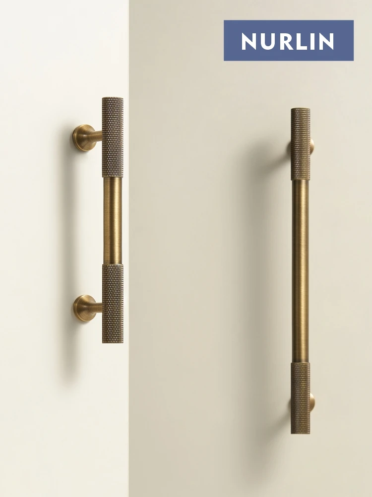 Nurlin Solid Brass Classic Luxury Kitchen Knurled Pattern Knobs Drawer Handle Door Pull Retro Distressed Matte Gold Many Size
