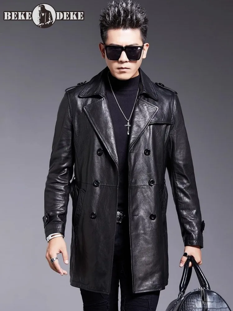 Business Casual Double Breasted Mens Genuine Leather Long Jacket Slim Fit Punk High Street Windbreakers Oil Wax Sheepskin Coat