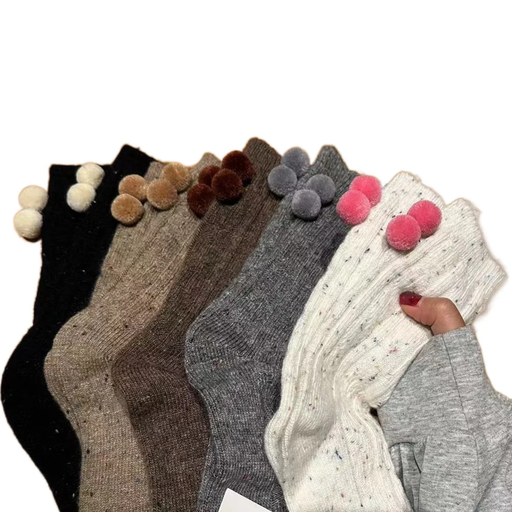 Sweet Plush Ball Wool Mid-Calf Socks Thick Warm Lolita JK Mid Tube Socks Streetwear Hosiery Knit Socks Women Women