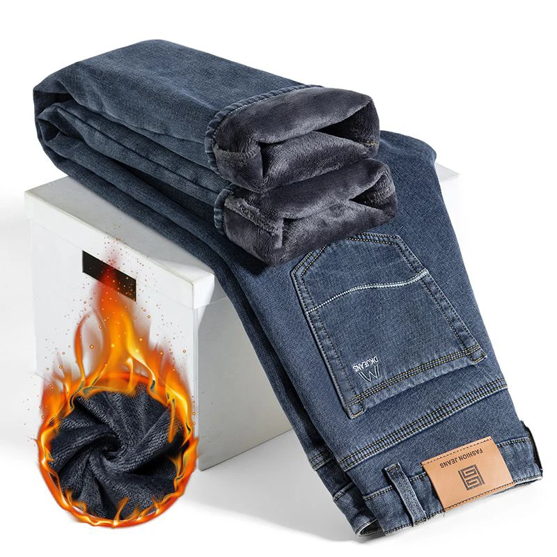 

Мужские осенне-зимние утепленные джинсы на флисовой подкладке, мужские винтажные свободные прямые теплые джинсовые брюки, дышащие элегантные повседневные брюки