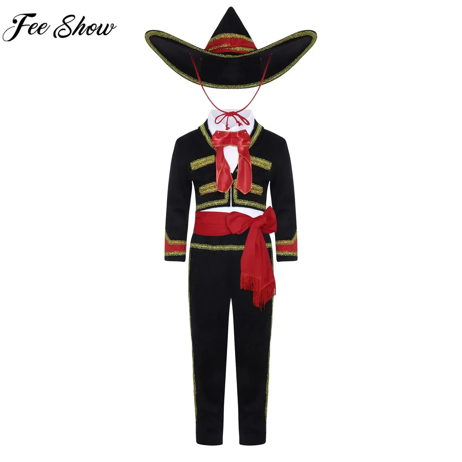 Kids Boys Halloween Carnival Mexican Traditional Mariachi Cosplay Costume Day of The Dead Masquerade Party Performance Outfit