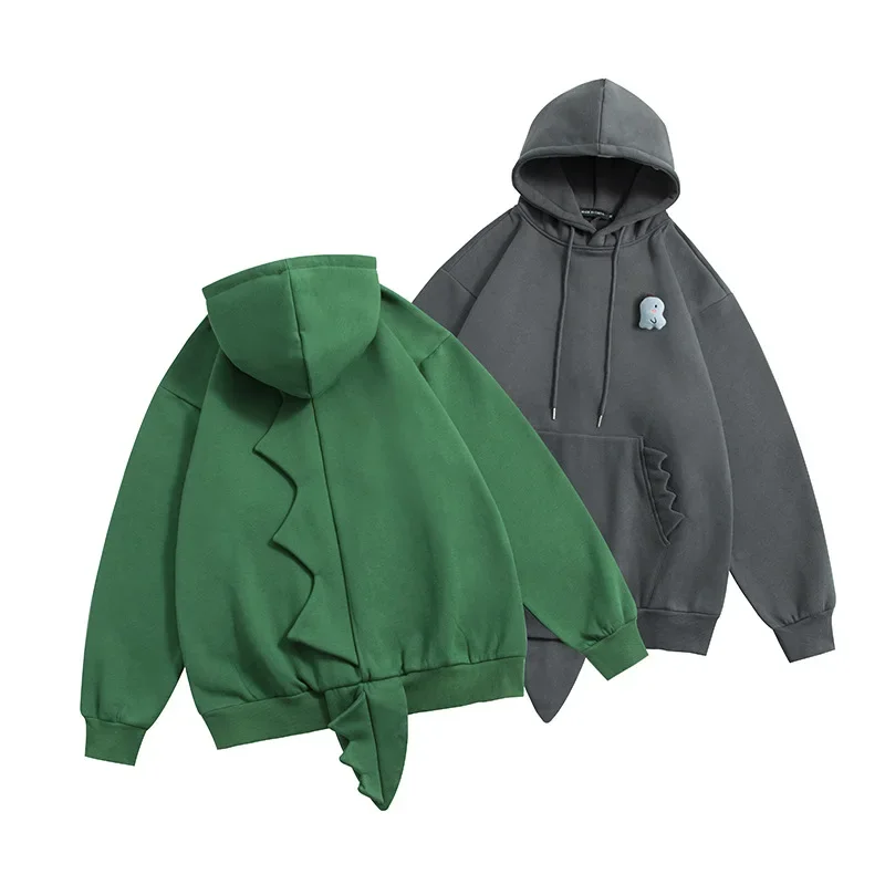 

Japanese Retro Cute Little Dinosaur Hooded Sweater Couple Fleece Loose Causal High Street Jackets Hoodies Top Male Clothes
