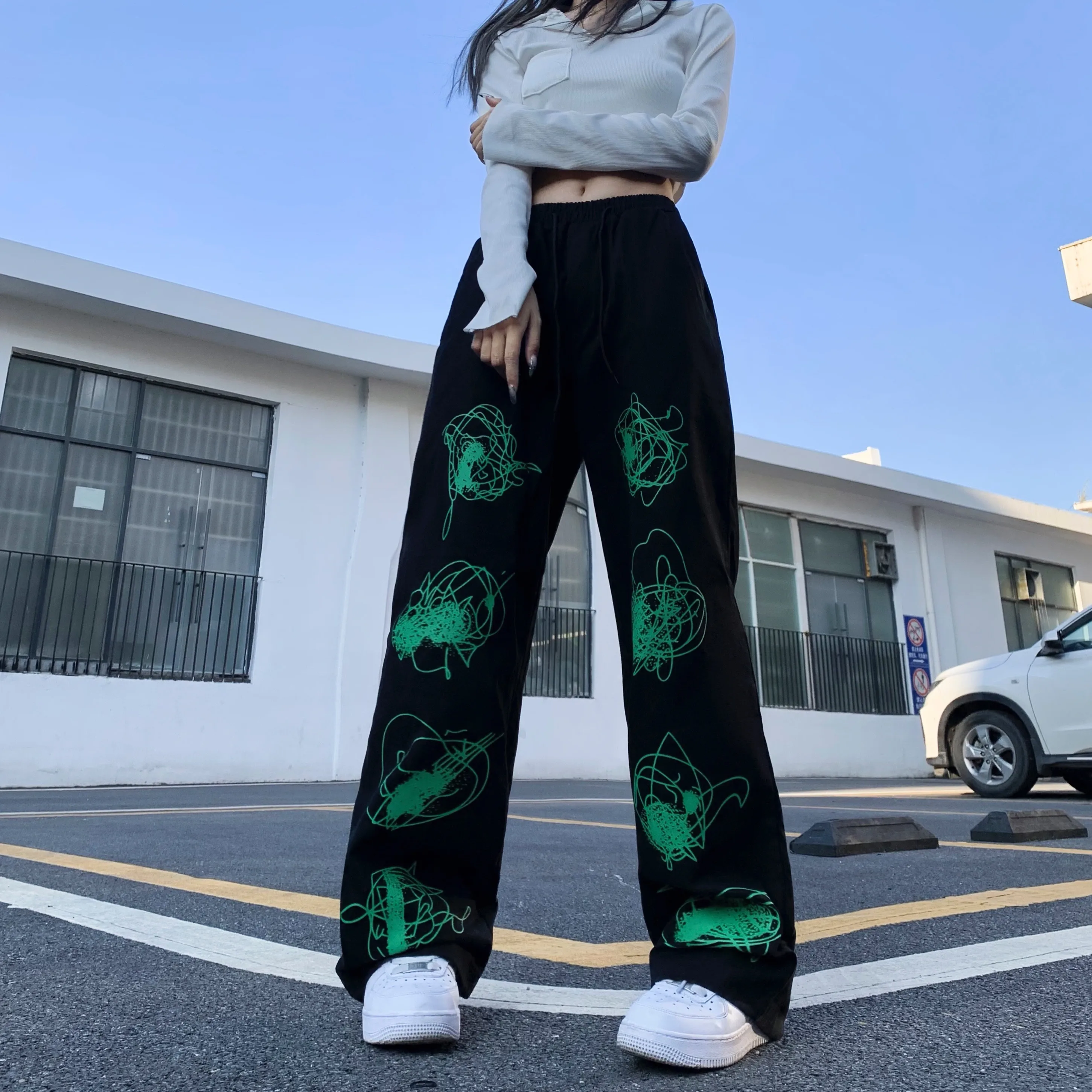 

Spring Summer Green Graffiti Black Pants Women Men Harajuke Streetwear Loose High Waist Drawstring Wide Leg Pants Tide