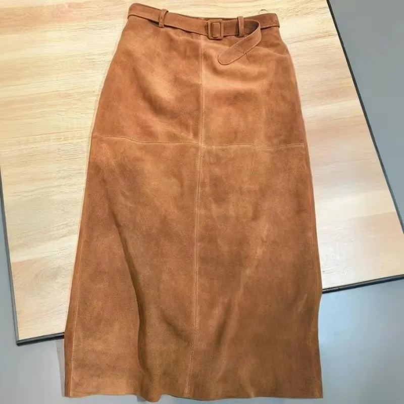 Retro dames effen kleur echt leer suède lange rokken 88cm hoge taille riem schapenvacht handgemaakte knielengte rok vintage - afbeelding 1