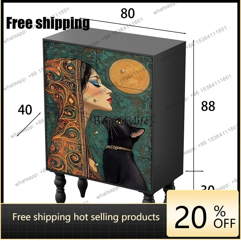 JJ -Solid wood retro decorative cabinet living room art painted high chest cabinet