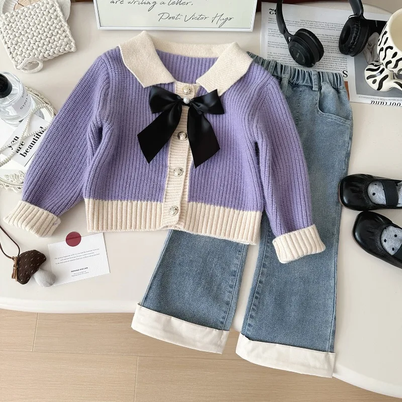 

Girls Suits Autumn Winter Knitted Sweaters Cardigan Tops+Kids Jeans Children Casual Outerwear Fall Baby Girl Denim Pants 2-8Yrs