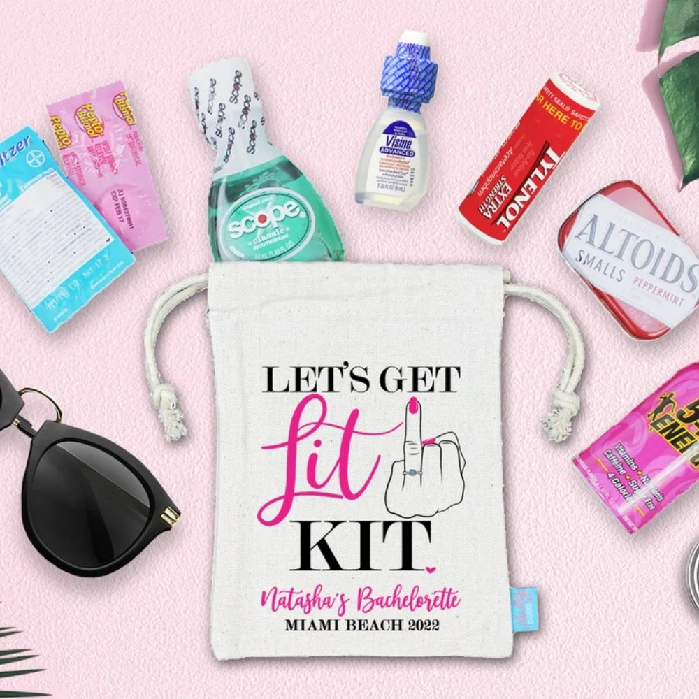 20 Custom Let's Get Lit Kit|Middle Finger Engagement Ring Bachelorette Party Favor Bag,Hangover Kit Bags,Oh Shit Kit Favor Bag