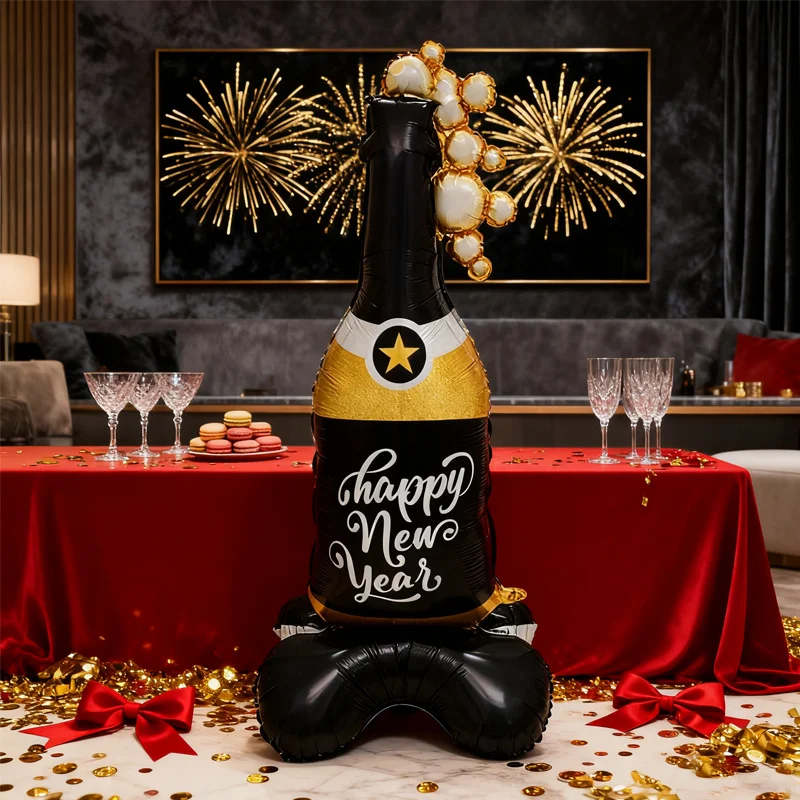 1 قطعة قاعدة حامل سنة جديدة سعيدة موضوع هدية صندوق زجاجة شمبانيا شكل احباط بالونات 2026 زينة السنة الجديدة نافيداد ديكور