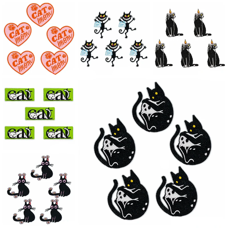 10 pcs/set Wholesale Cute Black Cat Embroidery Patch Cartoon Animal Applique Iron On Patches On Clothes DIY Sewing/Fusible Patch
