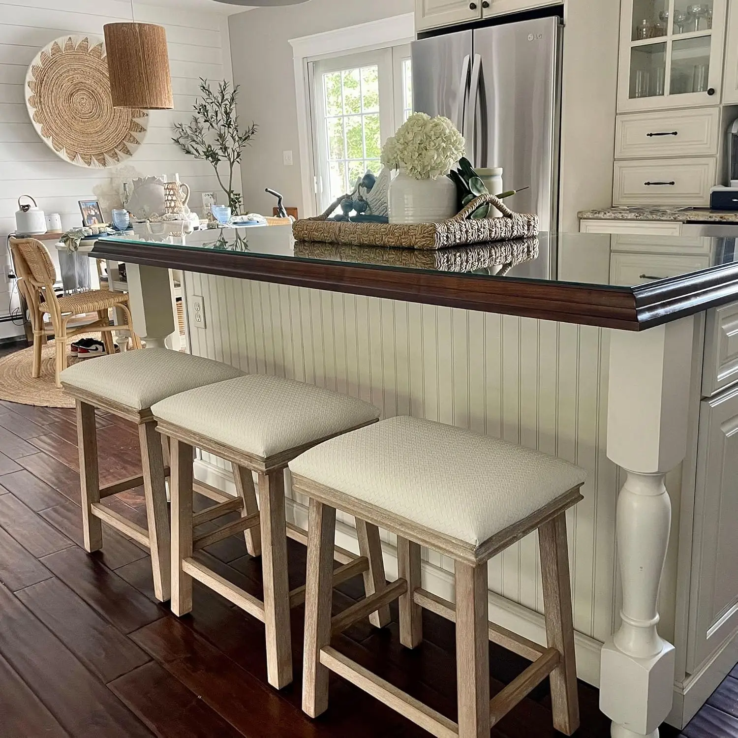 Bar Stools Set Of 3 - Solid Wood Legs Counter Height Barstools With Upholstered  Seat, 24 Inch Kitchen Counter Island Stools