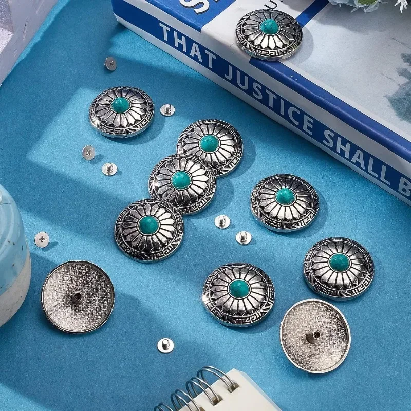 10Pcs 1-Hole Turquoise Buttons Western Conchos Screw Back Round Metal Decorative Conchos Flat Round with Sunflowers Pattern