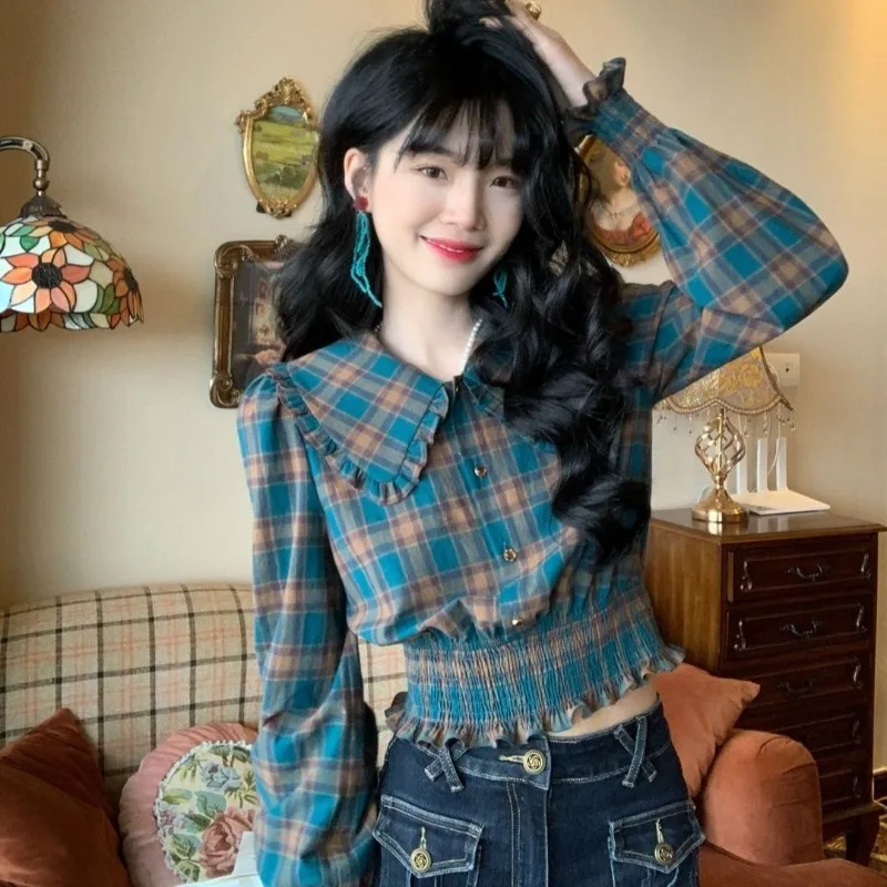 Women Stylish Vintage Plaid Print Sweet Chic Blouses Ruffle Peter Pan Collar Slim Short Shirts Korean Long Sleeve Tops Y2K Blusa