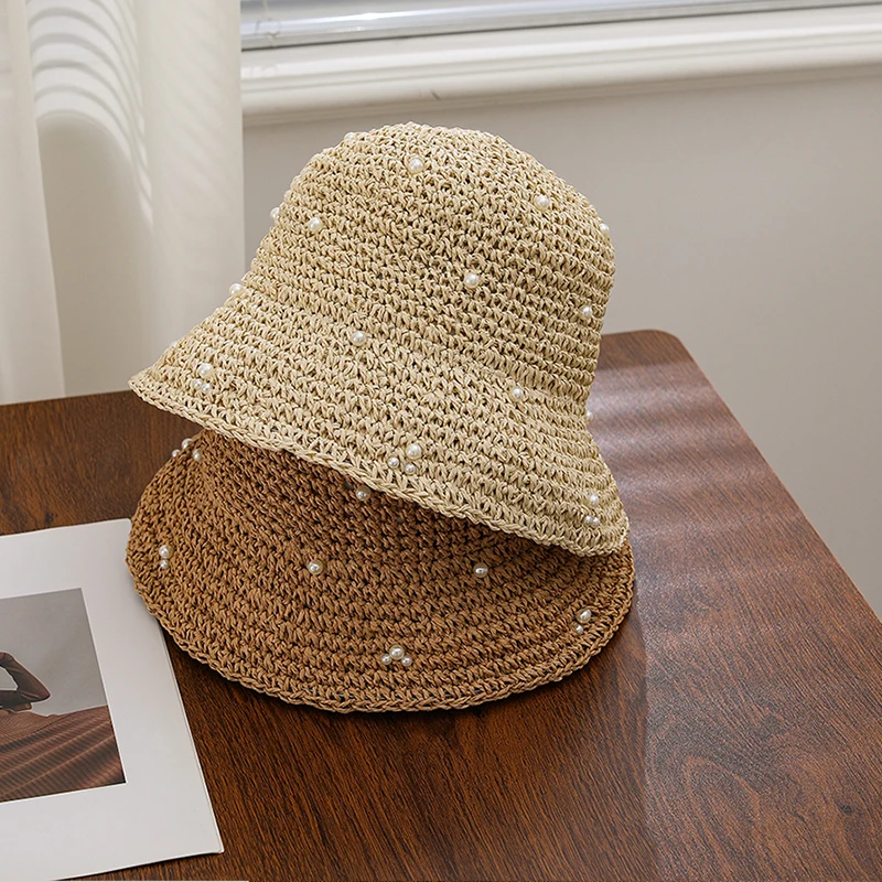 Summer outdoor sunshade hat for women, hollowed out breathable straw woven bucket hat, high-end pearl fisherman hat